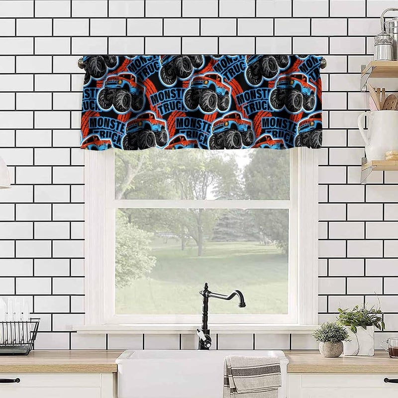 Wallira 3D Monster Truck Valance Curtain Cartoon Teens Freestyle Colorful Race Rod Pocket Short Window Treatments for Kitchen Kid Boys Bedroom Nursery Bathroom Living Decor Drapes 54x18inch - Image 3